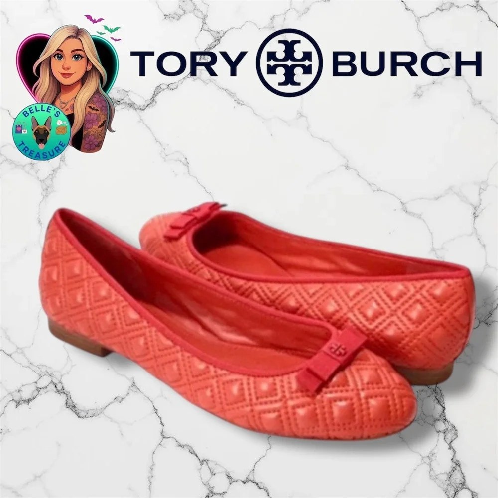 Tory Burch Marion Quilted Leather Ballet Flats Samba Red Bow Logo 7M Dress Shoes